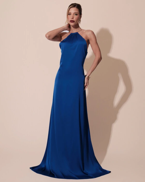 Vestido de Festa Longo Cetim Fluido com Argola Frente Única Azul Royal