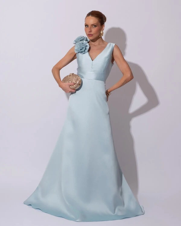 Vestido de Festa longo Zibeline Decote em V com Flores Removivel Tiffany