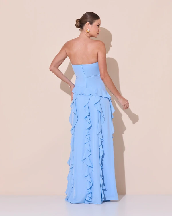 Vestido de festa Longo Tomara que Caia Crepe Chiffon com Babados Cascata e Fenda Serenity
