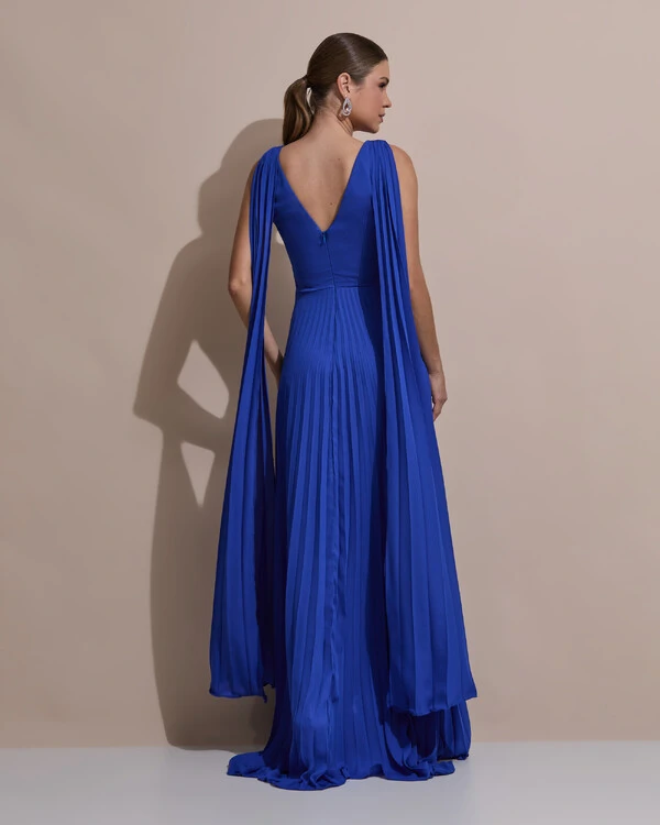 Vestido de Festa Longo Crepe Chiffon Plissado com Lenço nas Alças Azul Royal