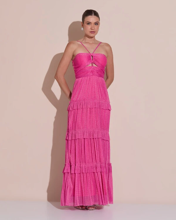 Vestido de Festa Longo Tule com Saia Babado Pink