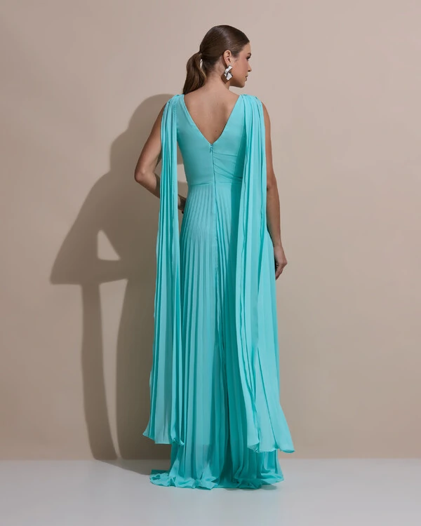 Vestido de Festa Longo Crepe Chiffon Plissado com Lenço nas Alças Tiffany