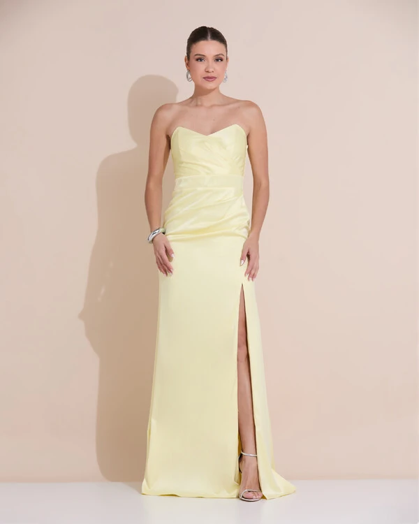Vestido de Festa Longo Cetim Alfaiataria Tomara que Caia Fenda Amarelo Manteiga