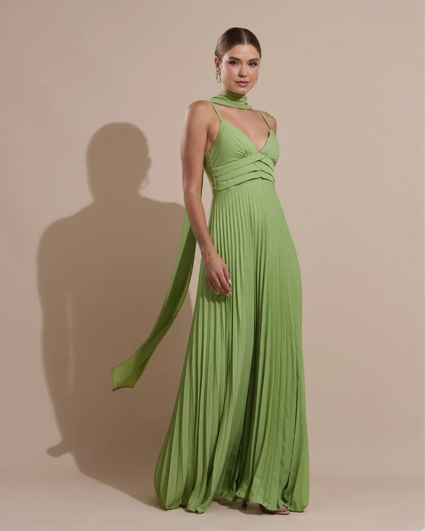 Vestido de Festa Longo Plissado Crepe Chiffon com Alça e Lenço Verde Garden