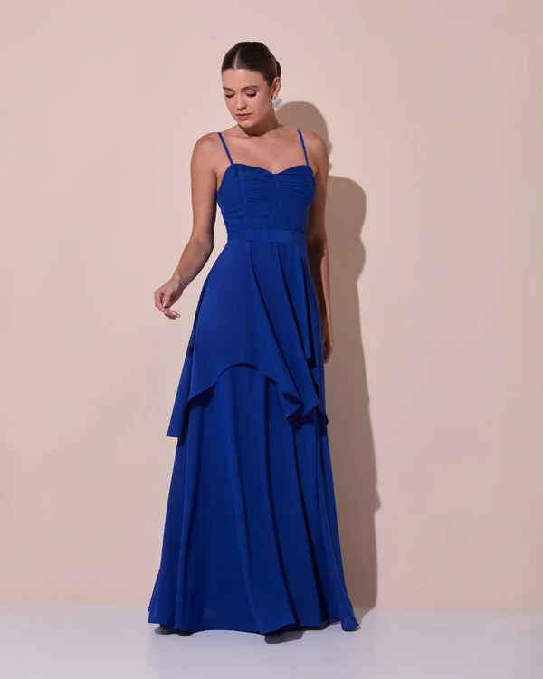 Vestido de Festa Longo Decote Coração Plissado Crepe Chiffon Babados Cascata Azul Royal