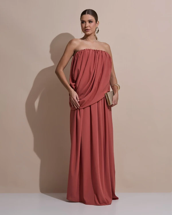 Vestido de Festa Longo Tomara Que Caia Crepe Chiffon Drapeado Terracota