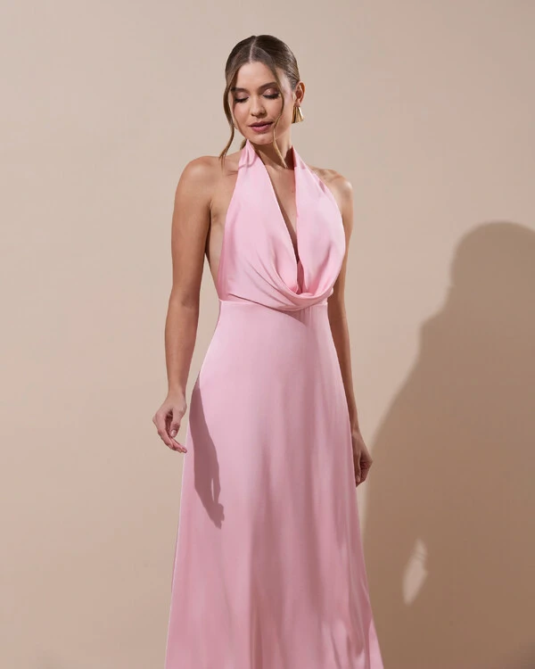 Vestido de Festa Longo Frente Única Degagê Cetim Fluido Rose Gold