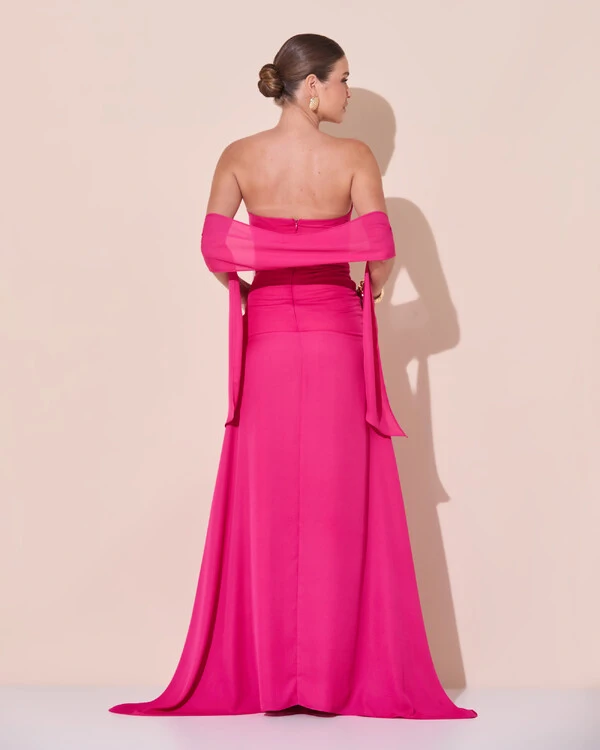 Vestido de Festa Longo Decote Coração Crepe Chiffon Drapeado Plissado Lenço Pink Escuro