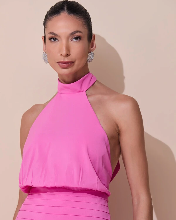 Vestido de Festa Longo Frente Única Busto Blousê Crepe Chiffon Drapeado Rosa New