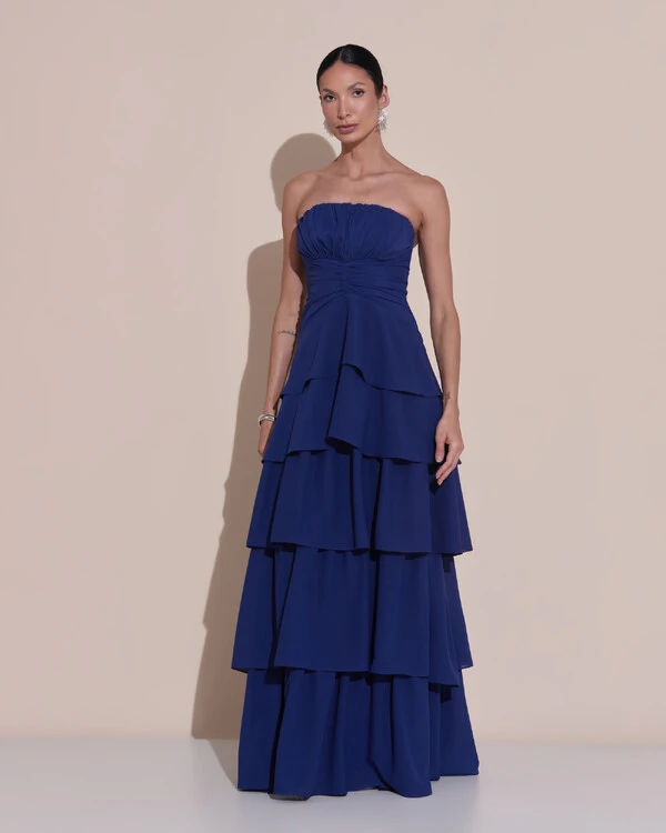 Vestido de Festa Longo Tomara que Caia Drapeado Crepe Chiffon Babados Camadas Azul Marinho