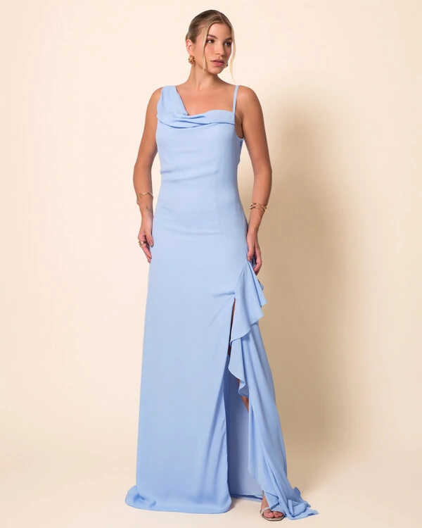 Vestido de Festa Longo Crepe Chiffon Degagê com Fenda e Babado Cascata Serenity