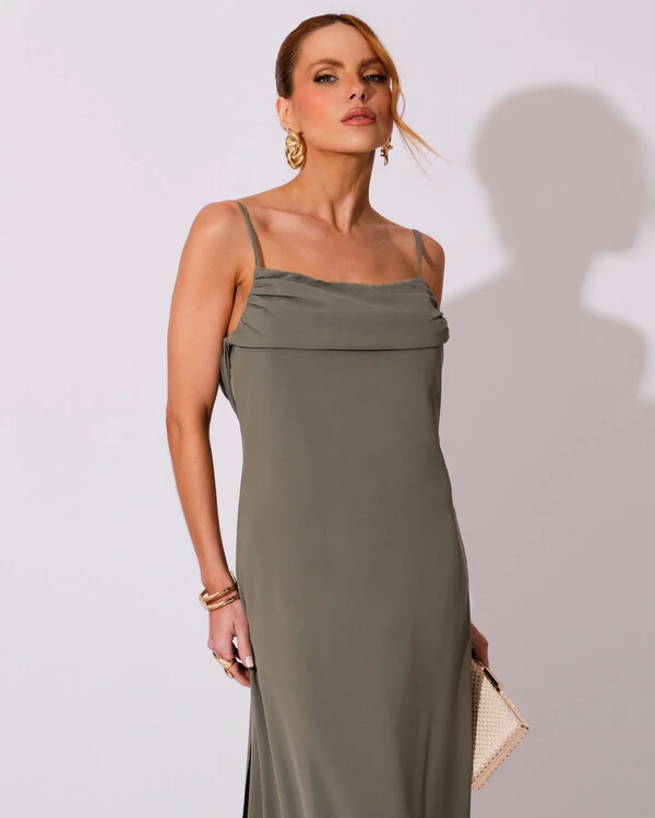 Vestido de Festa Longo Crepe Chiffon Costas Lenço Cauda Verde Oliva
