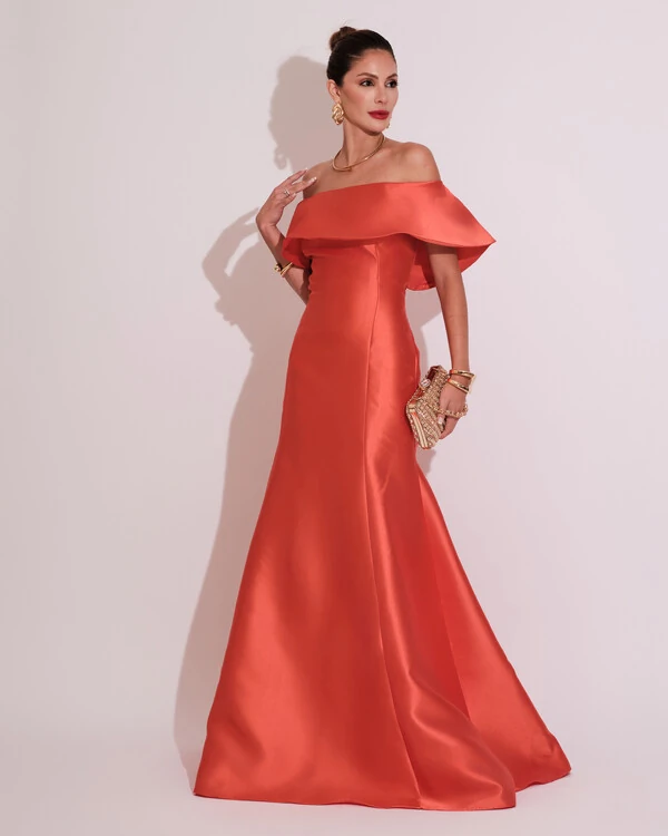 Vestido de Festa Longo Ombro a Ombro Zibeline com Babado Laranja