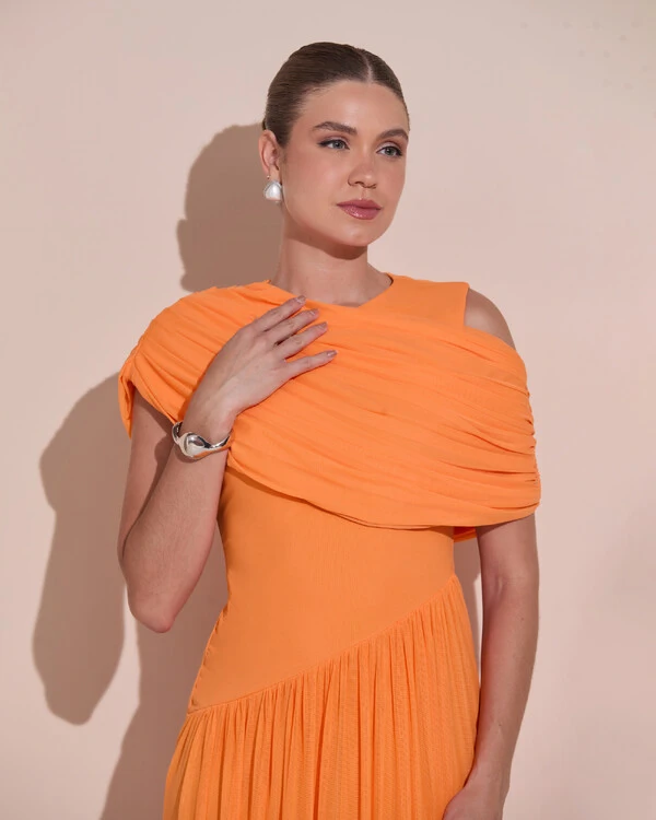 Vestido de Festa Longo Capa Drapeado Tule Saia Fluida Laranja New