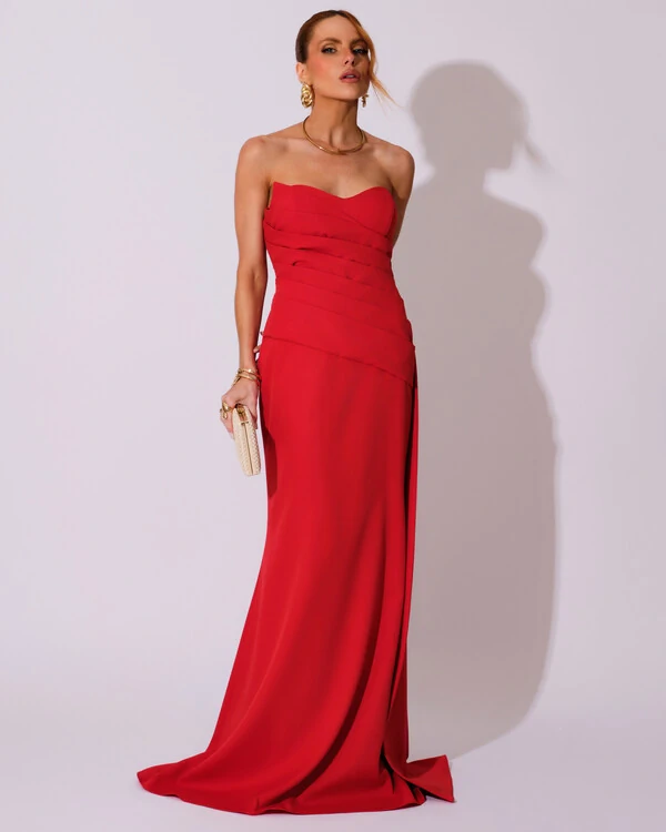 Vestido de Festa Longo Alfaiataria Tomara que Caia Drapeado Faixa Vermelho