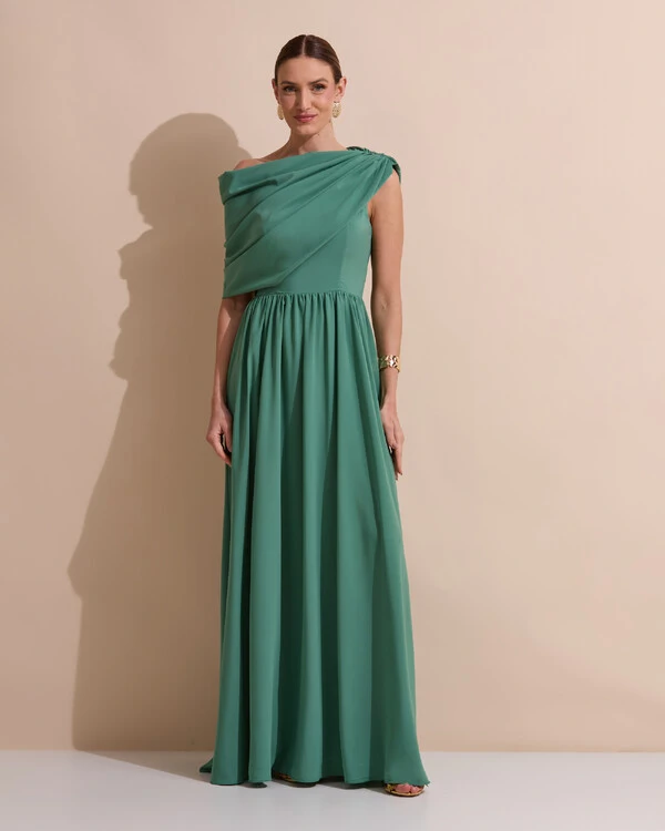 Vestido de Festa Longo Um Ombro Só Crepe Chiffon Capa Drapeado Verde Matcha Escuro