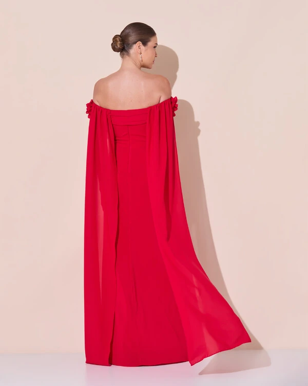 Vestido de Festa Longo Ombro a Ombro Plissado Crepe Chiffon Capa Flor 3D Vermelho