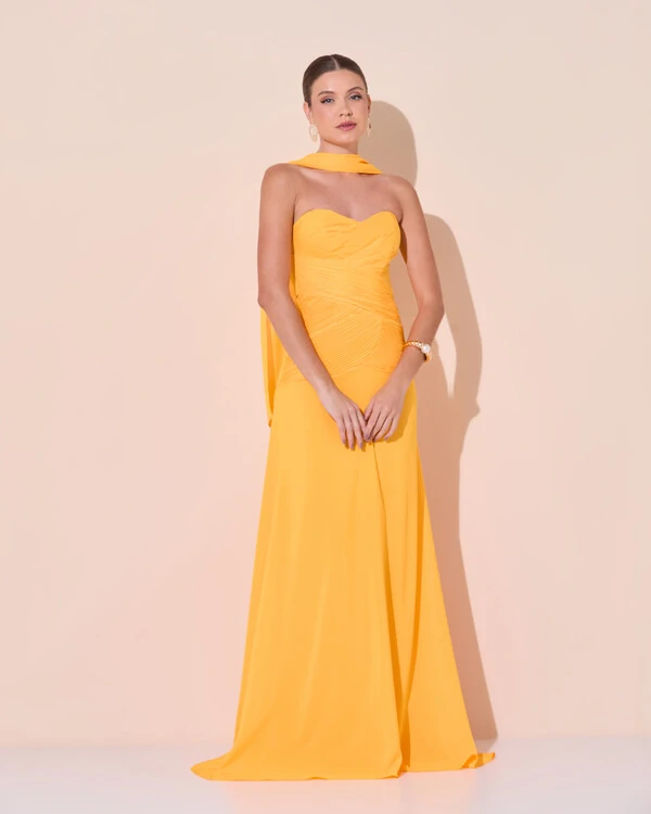 Vestido de Festa Longo Decote Coração Crepe Chiffon Drapeado Plissado Lenço Laranja Manga New