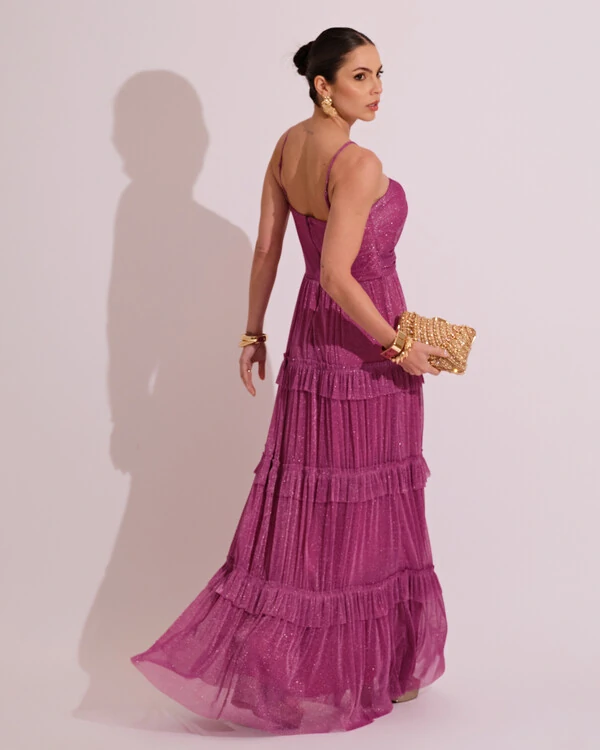 Vestido de Festa Longo Tule com Saia Babado Fúcsia