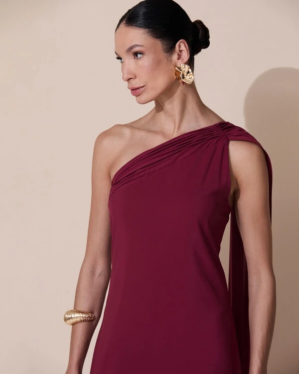 Vestido de Festa Longo Crepe Chiffon Um Ombro Só Drapeado Marsala New