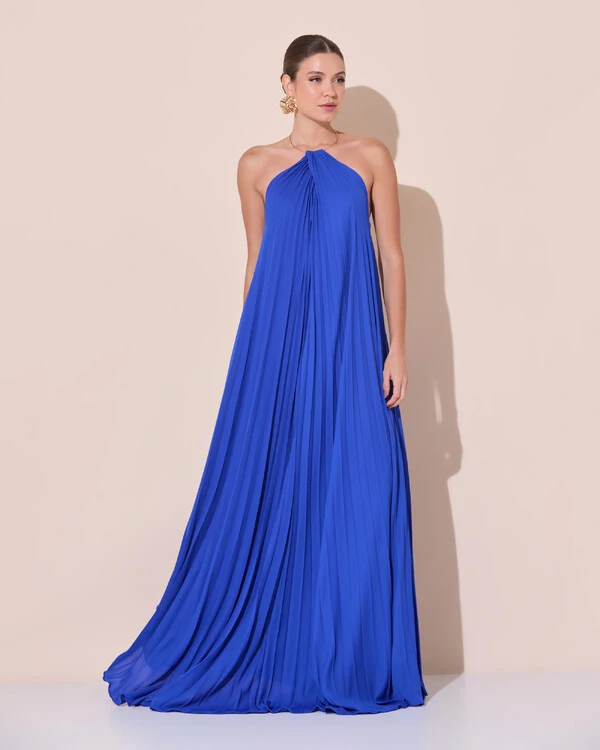 Vestido de Festa Longo Frente Única Plissado Crepe Chiffon Argola Azul Royal