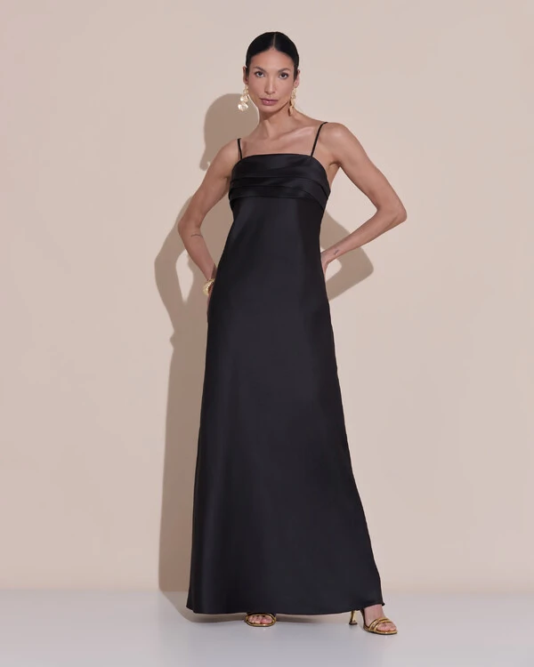 Vestido de Festa Midi Drapeado Cetim Preto