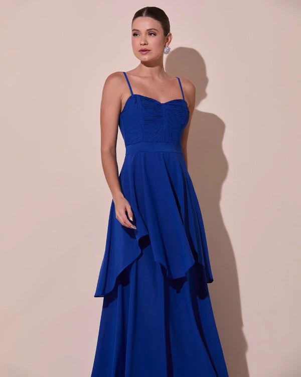 Vestido de Festa Longo Decote Coração Plissado Crepe Chiffon Babados Cascata Azul Royal