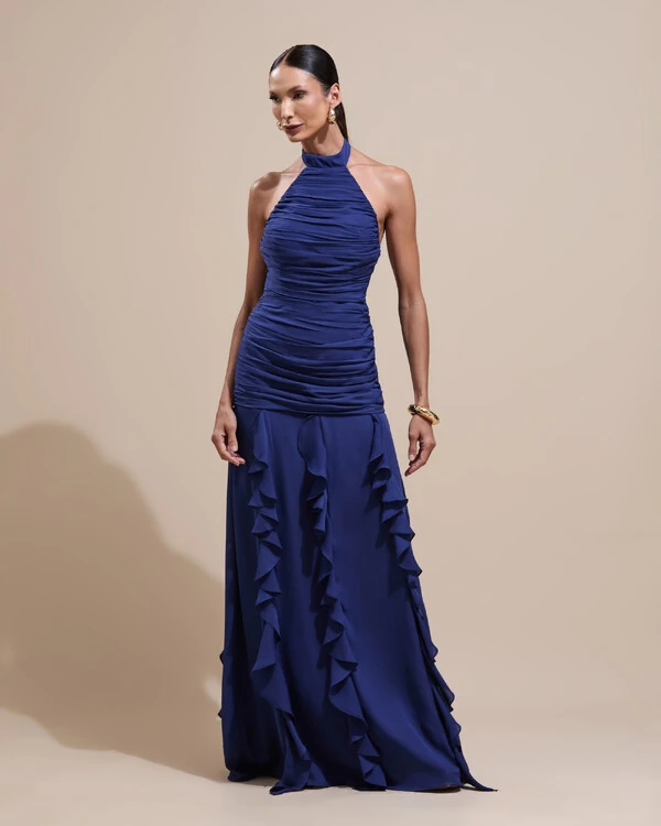 Vestido de Festa Longo Frente Única Crepe Chiffon Drapeado Babados Cascata Azul Marinho