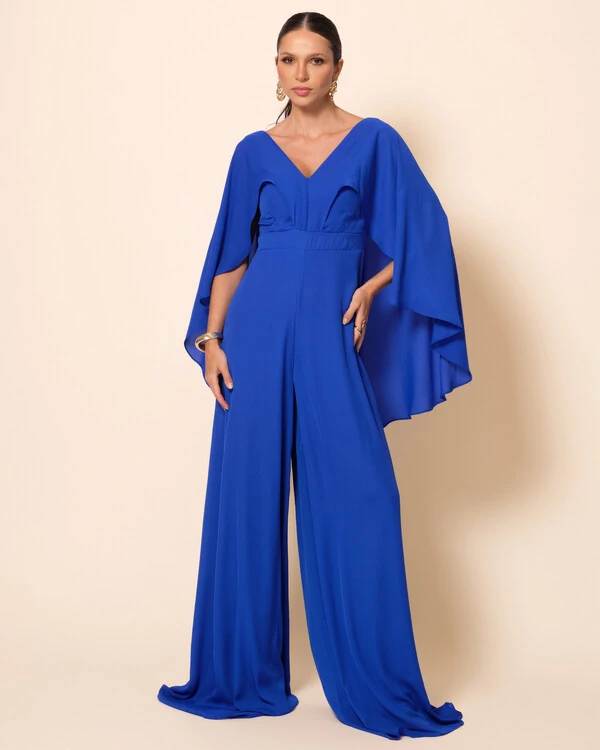 Macacão de Festa Longo Crepe Chiffon com Capa Azul Royal