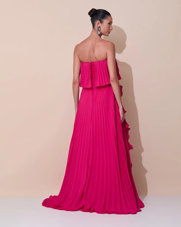 Vestido de Festa Longo Crepe Chiffon Tomara que Caia Plissado com Babado Cascata Pink Escuro