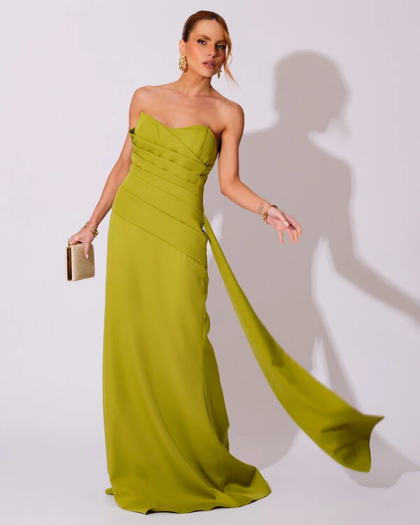 Vestido de Festa Longo Alfaiataria Tomara que Caia Drapeado Faixa Verde Pistache