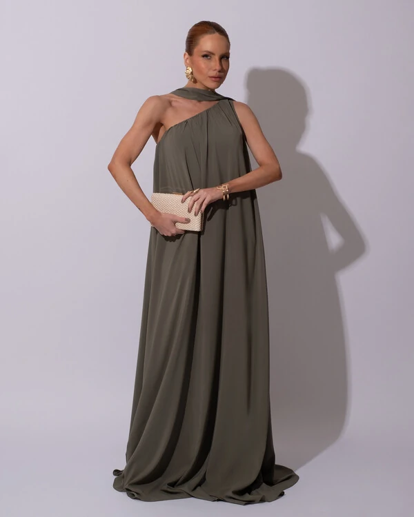 Vestido de Festa Longo Crepe Fluido um Ombro Só com Lenço Verde Oliva
