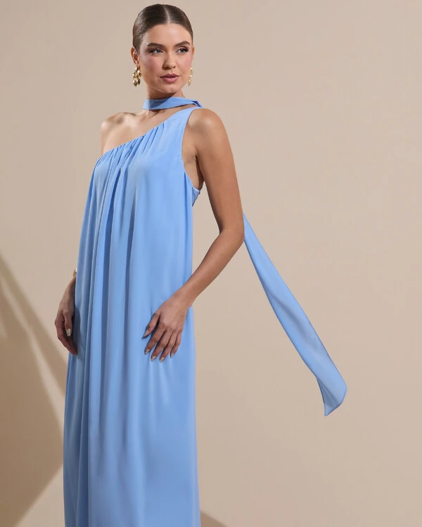 Vestido de Festa Longo Crepe Fluido um Ombro Só com Lenço Serenity