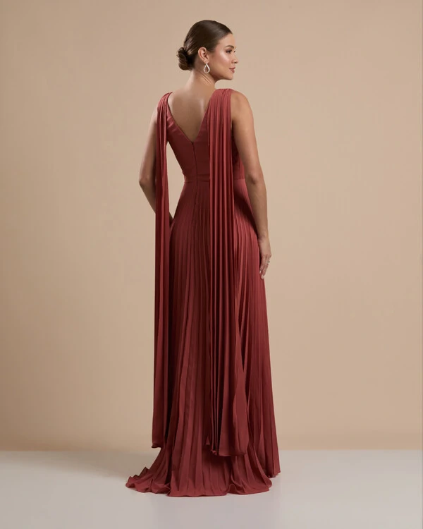 Vestido de Festa Longo Crepe Chiffon Plissado com Lenço nas Alças Terracota