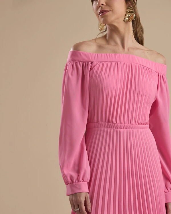 Vestido de Festa Longo Crepe Chiffon Plissado Ombro a Ombro Rosa