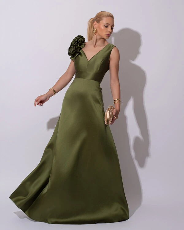 Vestido de Festa longo Zibeline Decote em V com Flores Removivel Verde Oliva