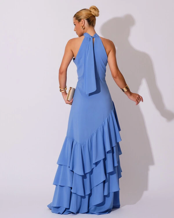 Vestido de Festa Longo Chiffon Crepe Gola Alta Babados Serenity