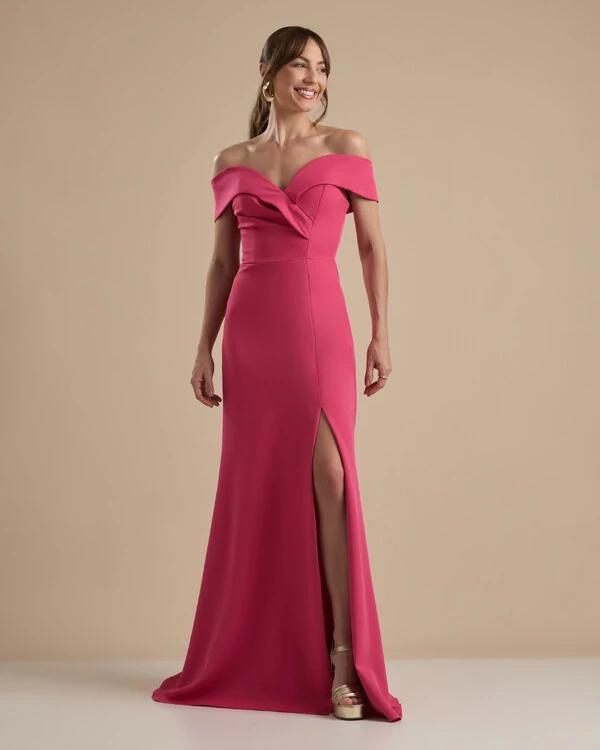 Vestido de Festa Longo Alfaiataria Ombro a Ombro com Fenda Pink