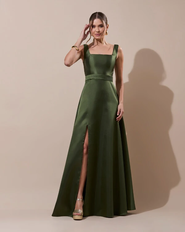 Vestido de Festa Longo Zibeline com Fenda e Faixa Verde Oliva New