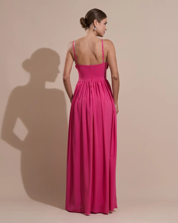 Vestido de Festa Longo Crepe Chiffon Drapeado com Alças Finas Pink New