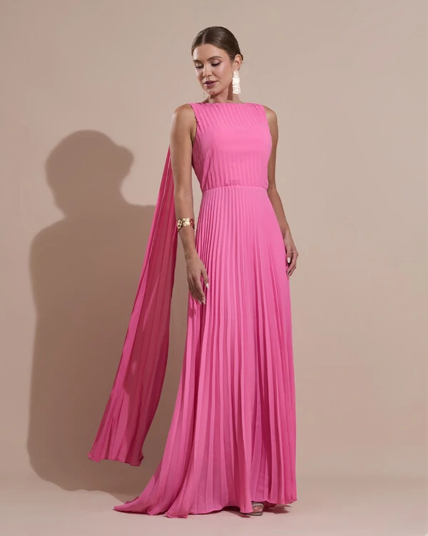 Vestido de Festa Longo Crepe Chiffon Plissado com Lenço nas Alças Rosa