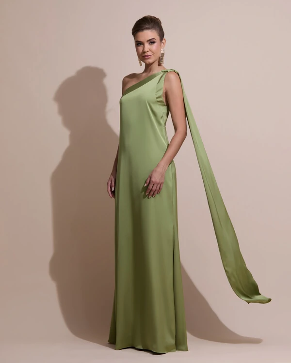 Vestido de Festa Longo Cetim Fluido Um Ombro Só Verde Pistache