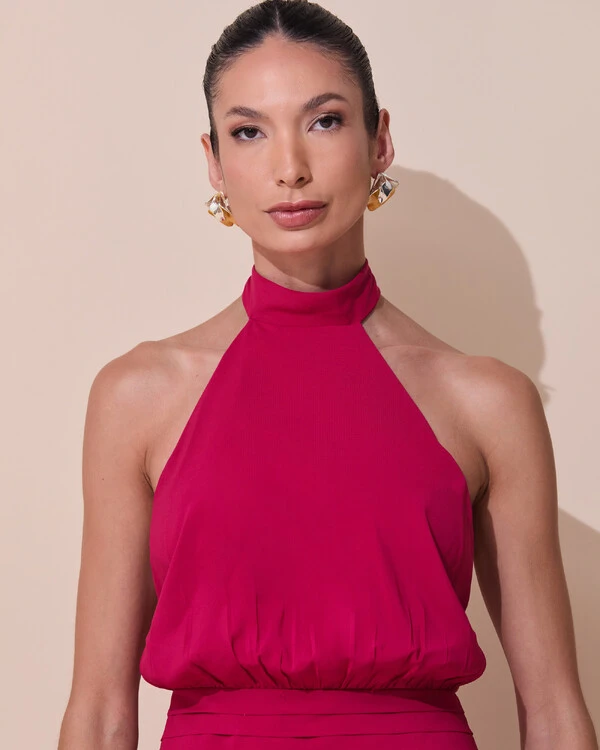 Vestido de Festa Longo Frente Única Busto Blousê Crepe Chiffon Drapeado Cereja
