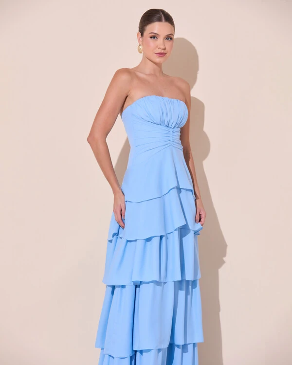 Vestido De Festa Longo Tomara que Caia Drapeado Crepe Chiffon Babado Camadas Serenity