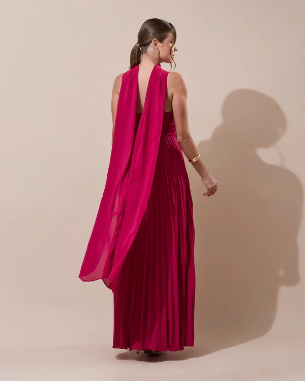 Vestido de Festa Longo Plissado Crepe Chiffon com Alça e Lenço Cereja