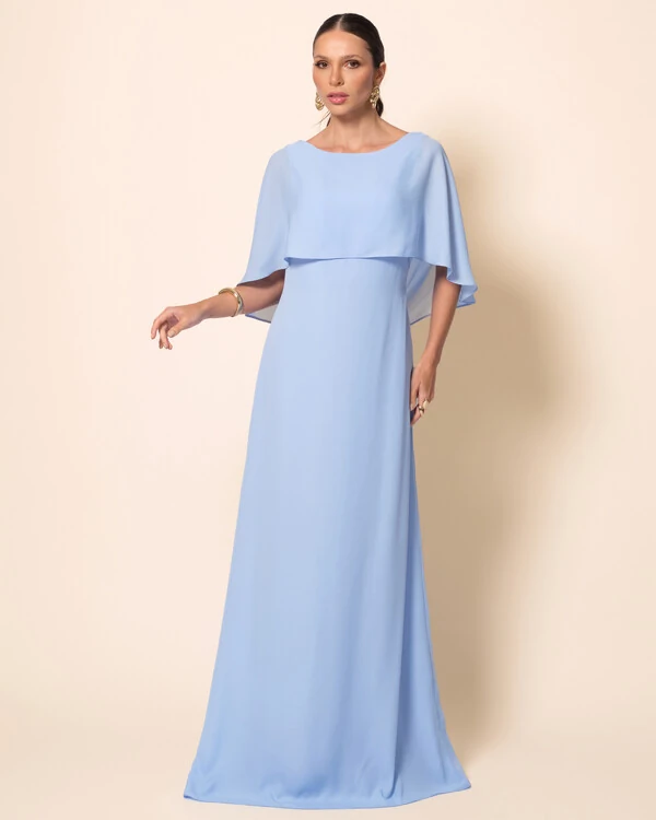 Vestido de Festa Longo Crepe Chiffon com Capa e Degagê nas Costas Azul Serenity