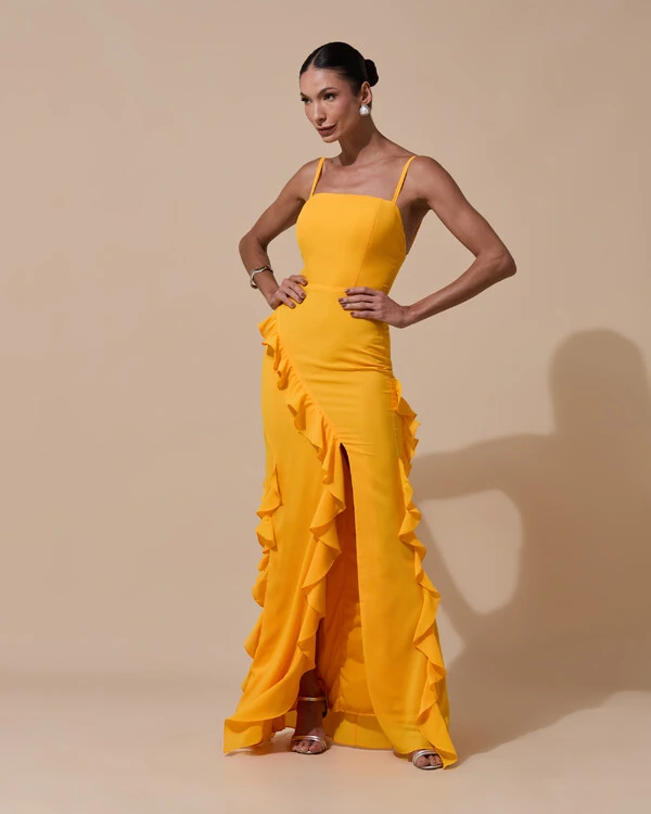 Vestido de Festa Longo Alças Finas Crepe Chiffon Babado Cascata Fenda Costas V Laranja Manga New