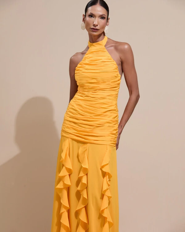 Vestido de Festa Longo Frente Única Crepe Chiffon Drapeado Babados Cascata Laranja Manga New