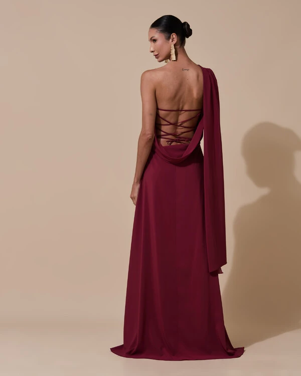 Vestido de Festa Longo Tomara que Caia Crepe Chiffon Lenço Drapeado Costas Trançada Marsala New
