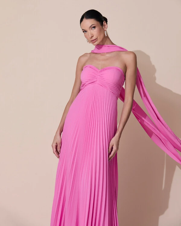 Vestido de Festa Longo Tomara que Caia Plissado com Lenço Rosa New
